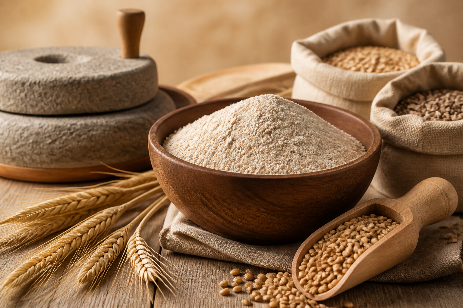 Grãos antigos e farinha de trigo integral orgânica