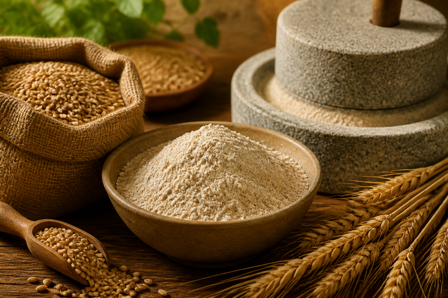 Moagem de grãos antigos e farinha de trigo integral orgânica